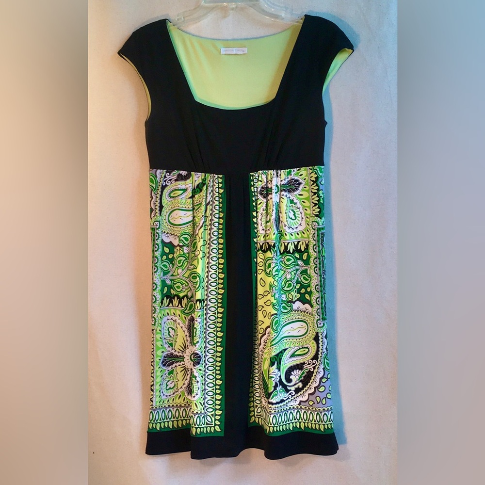 LONDON TIMES Black Green empire waist minidress Short sleeve Square neckline S6